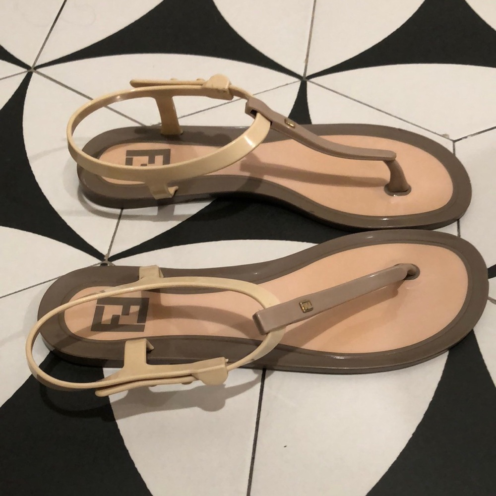 Fendi Cream T-Strap Sandals with Adjustable Ankle Strap